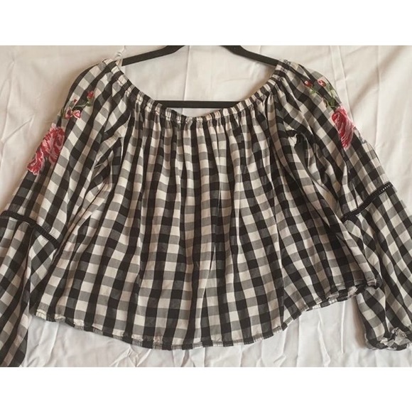 Plaid Bell Sleeve Blouse- Size Medium - Picture 2 of 7